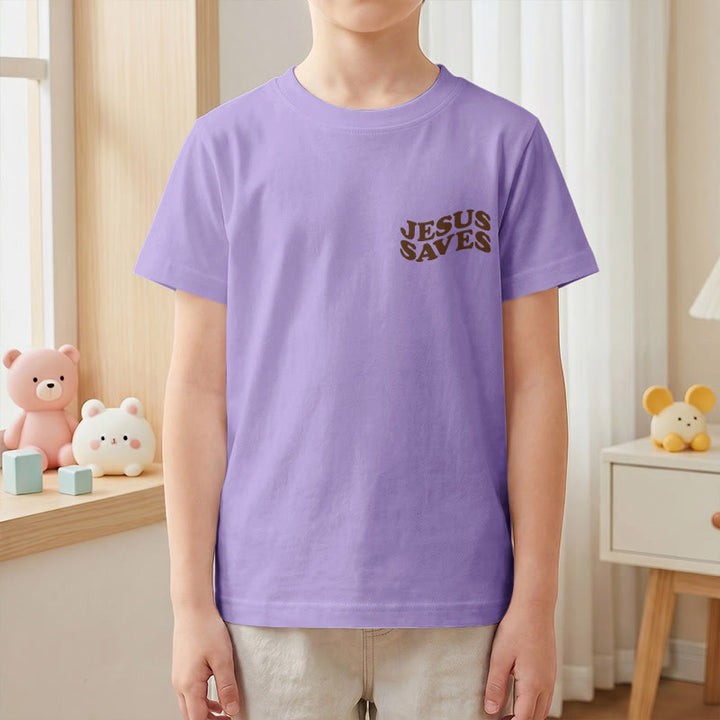 Christianartworkshop Classic "Jesus Saves" Stack Bubble Typography Cross Kids Faith Short Sleeve T-Shirt - image 49