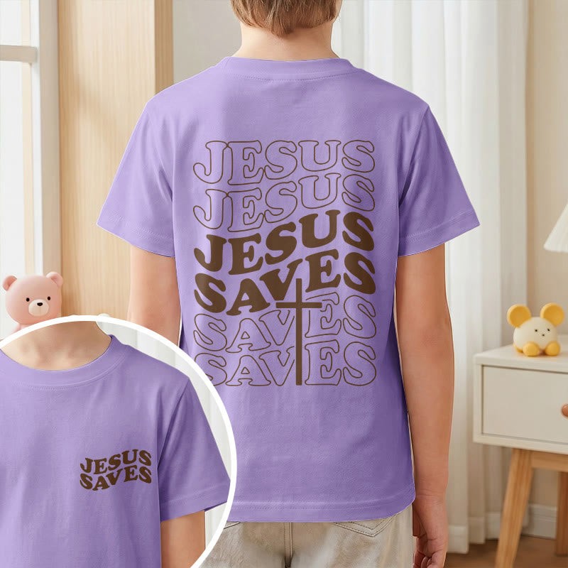 Christianartworkshop Classic "Jesus Saves" Stack Bubble Typography Cross Kids Faith Short Sleeve T-Shirt - image 46