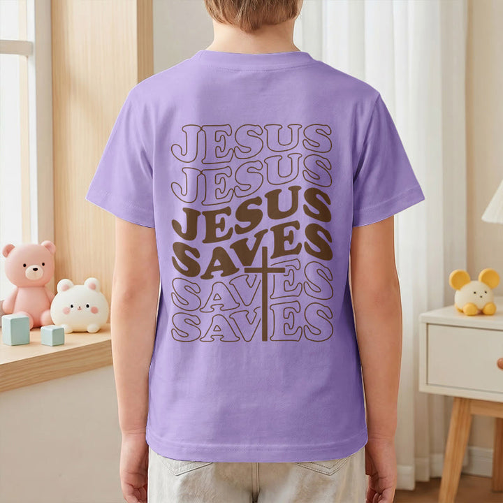 Christianartworkshop Classic "Jesus Saves" Stack Bubble Typography Cross Kids Faith Short Sleeve T-Shirt - image 52
