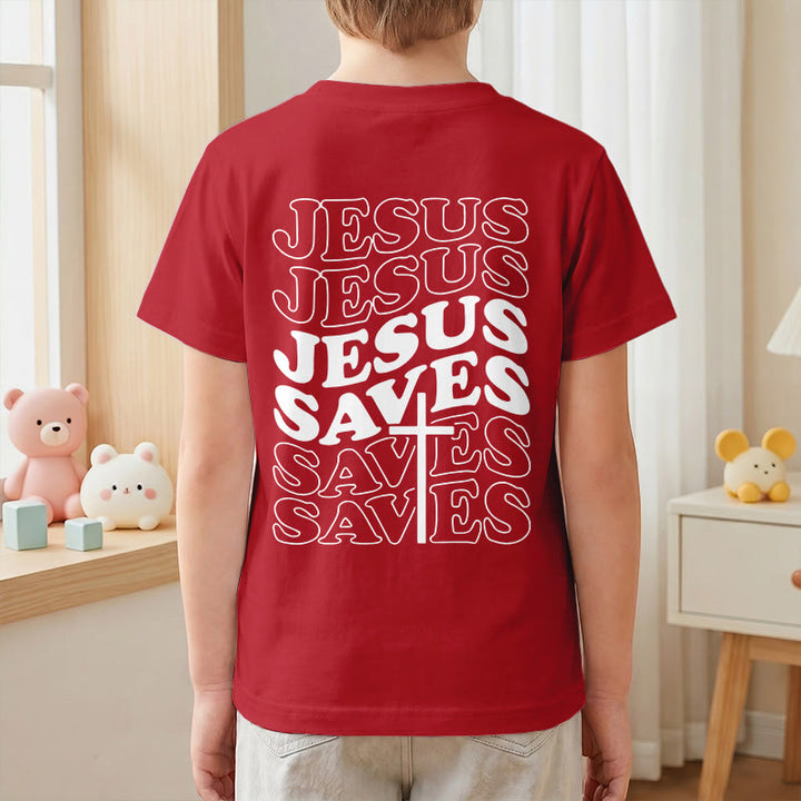 Christianartworkshop Classic "Jesus Saves" Stack Bubble Typography Cross Kids Faith Short Sleeve T-Shirt - image 61