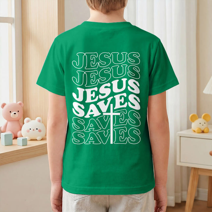 Christianartworkshop Classic "Jesus Saves" Stack Bubble Typography Cross Kids Faith Short Sleeve T-Shirt - image 79