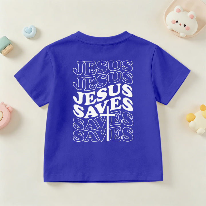 Christianartworkshop Classic "Jesus Saves" Stack Bubble Typography Cross Kids Faith Short Sleeve T-Shirt - image 87