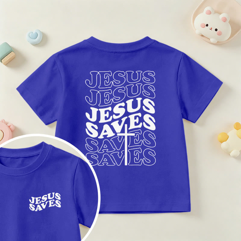 Christianartworkshop Classic "Jesus Saves" Stack Bubble Typography Cross Kids Faith Short Sleeve T-Shirt - Blue - US/UK/AU 14, EU170 - image 81