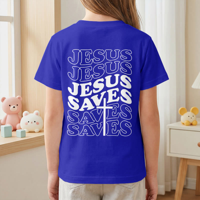 Christianartworkshop Classic "Jesus Saves" Stack Bubble Typography Cross Kids Faith Short Sleeve T-Shirt - image 89