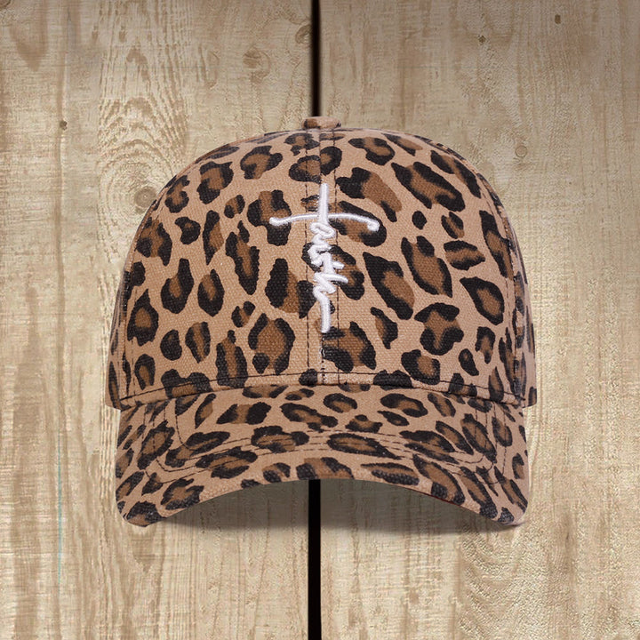 Christianartworkshop Faith Cursive Cross Embroidery Leopard Print Washed Unisex Baseball Cap - image 0