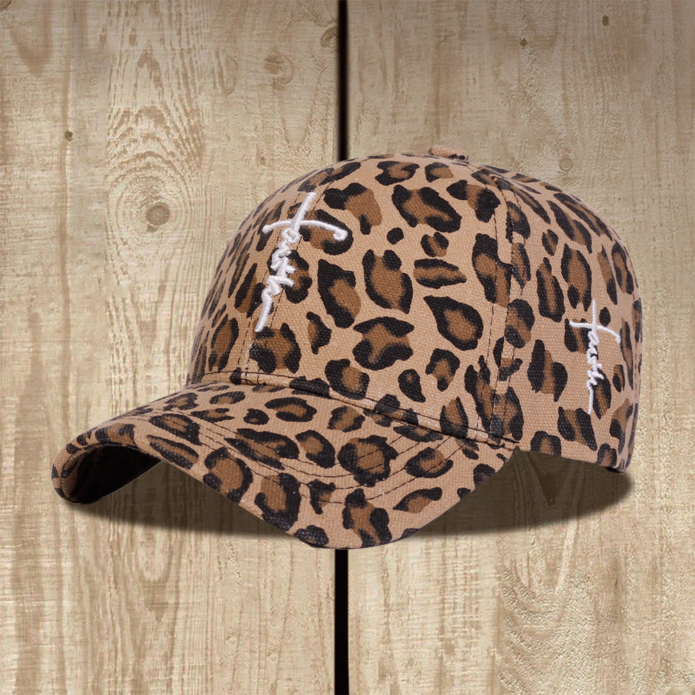 Christianartworkshop Faith Cursive Cross Embroidery Leopard Print Washed Unisex Baseball Cap - Brown - image 2