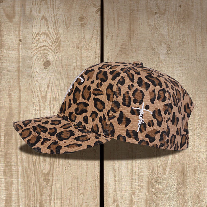 Christianartworkshop Faith Cursive Cross Embroidery Leopard Print Washed Unisex Baseball Cap - image 1