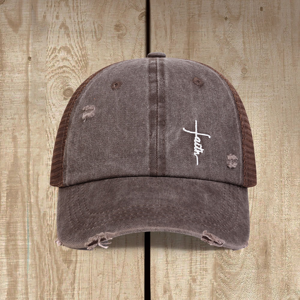 Christianartworkshop Faith Cross Cursive Embroidery Distressed Mesh Back Unisex Trucker Cap - image 7