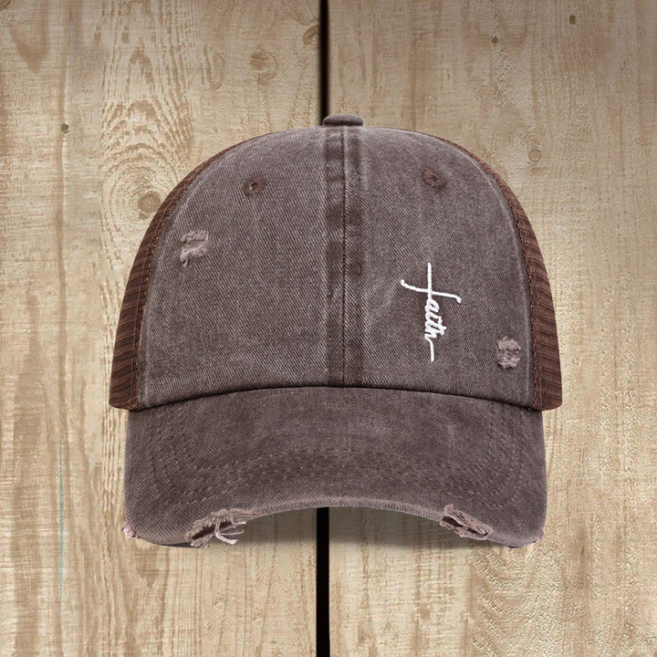 Christianartworkshop Faith Cross Cursive Embroidery Distressed Mesh Back Unisex Trucker Cap - image 7
