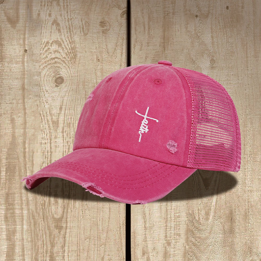 Christianartworkshop Faith Cross Cursive Embroidery Distressed Mesh Back Unisex Trucker Cap - Pink - image 4