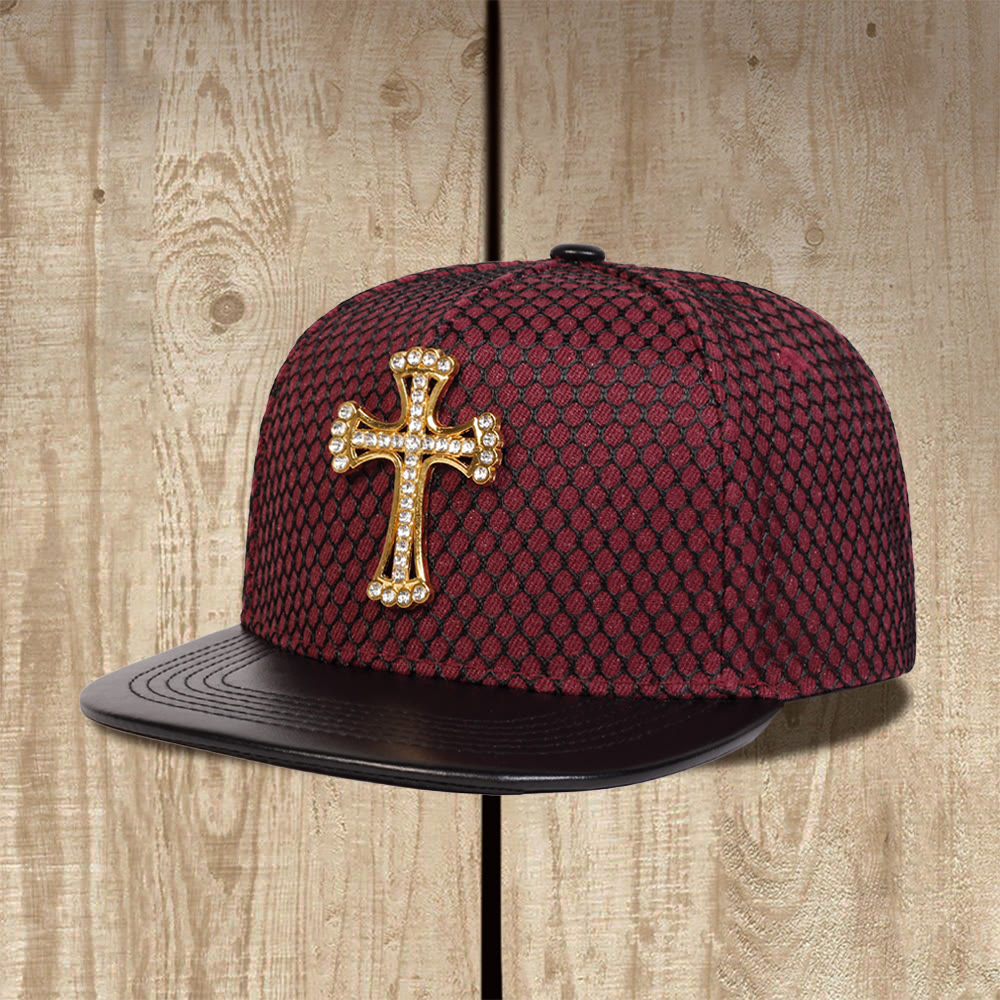 Christianartworkshop Cross Ornament Honeycomb Mesh Flat Brim Unisex Snapback Cap - Burgundy - image 0