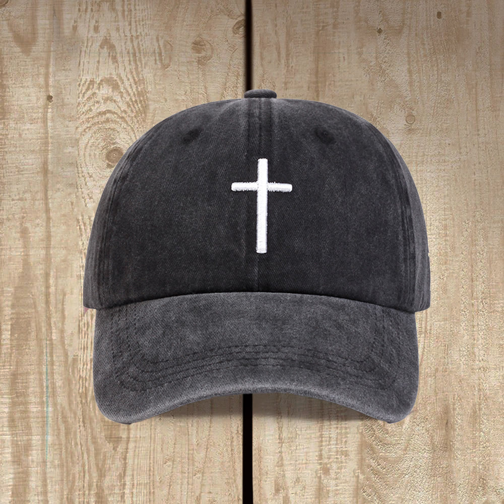 Christianartworkshop Double Cross Embroidery Vintage Washed Unisex Adjustable Baseball Cap - Dark Gray - image 0