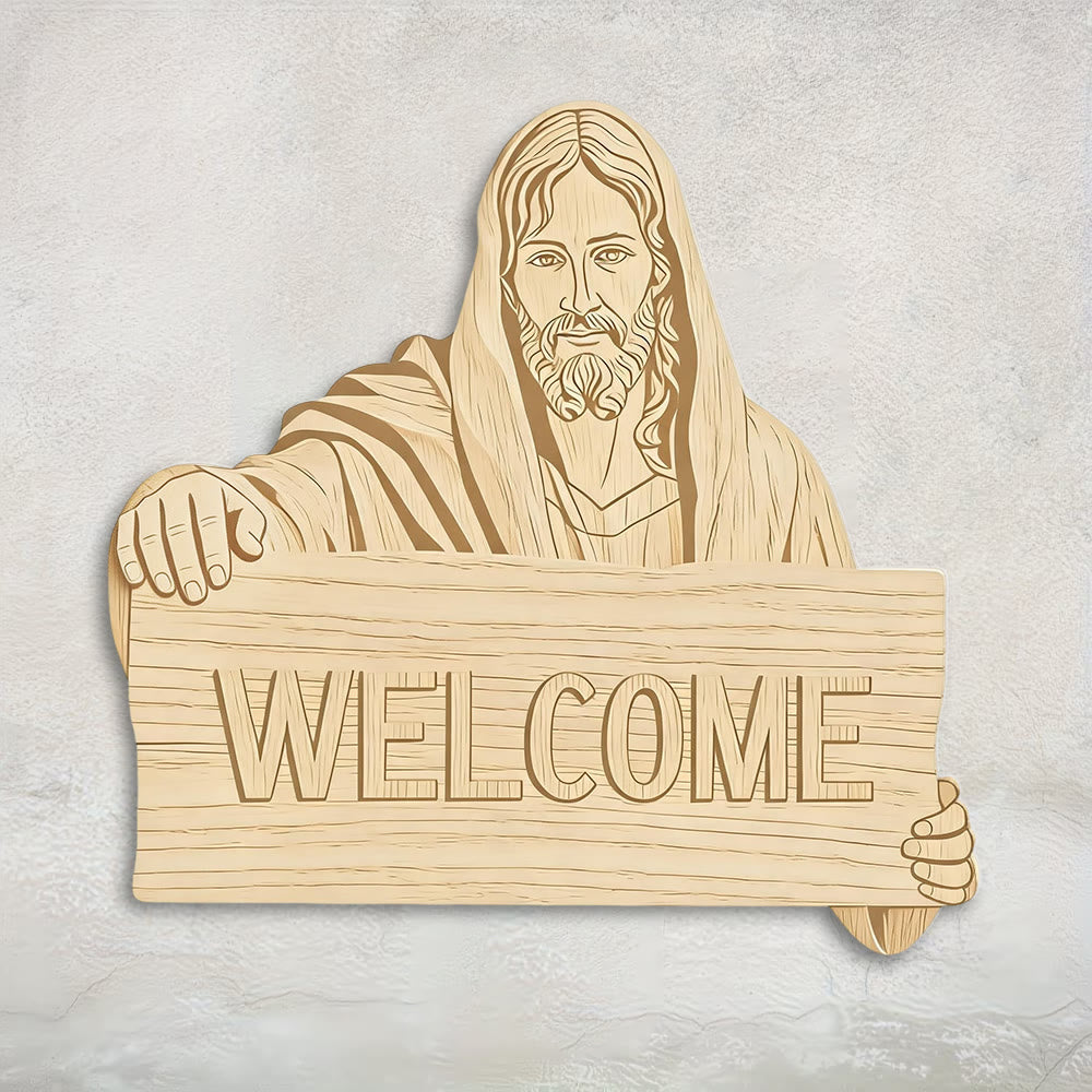 Christianartworkshop Natural Wood Wall Hanging with Printed Jesus WELCOME Plaque: A Reminder of Open Arms - image 1