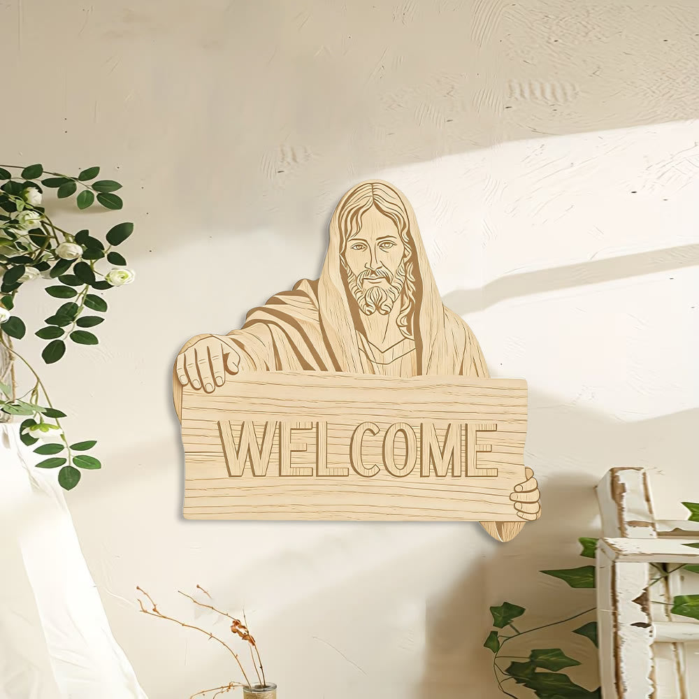 Christianartworkshop Natural Wood Wall Hanging with Printed Jesus WELCOME Plaque: A Reminder of Open Arms - 15.75''*15.35''*0.2''/40*39*0.5cm - image 0