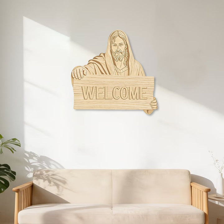 Christianartworkshop Natural Wood Wall Hanging with Printed Jesus WELCOME Plaque: A Reminder of Open Arms - image 2