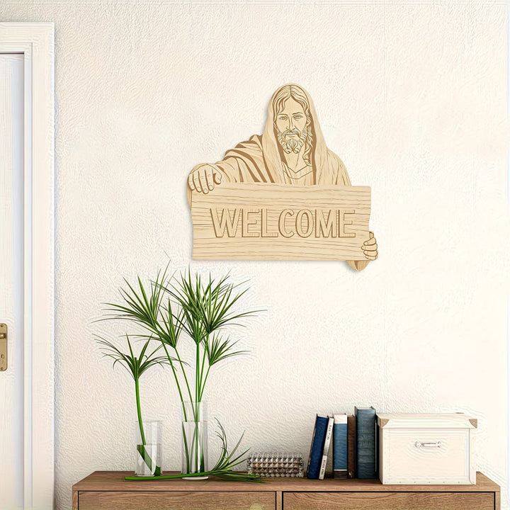 Christianartworkshop Natural Wood Wall Hanging with Printed Jesus WELCOME Plaque: A Reminder of Open Arms - image 3