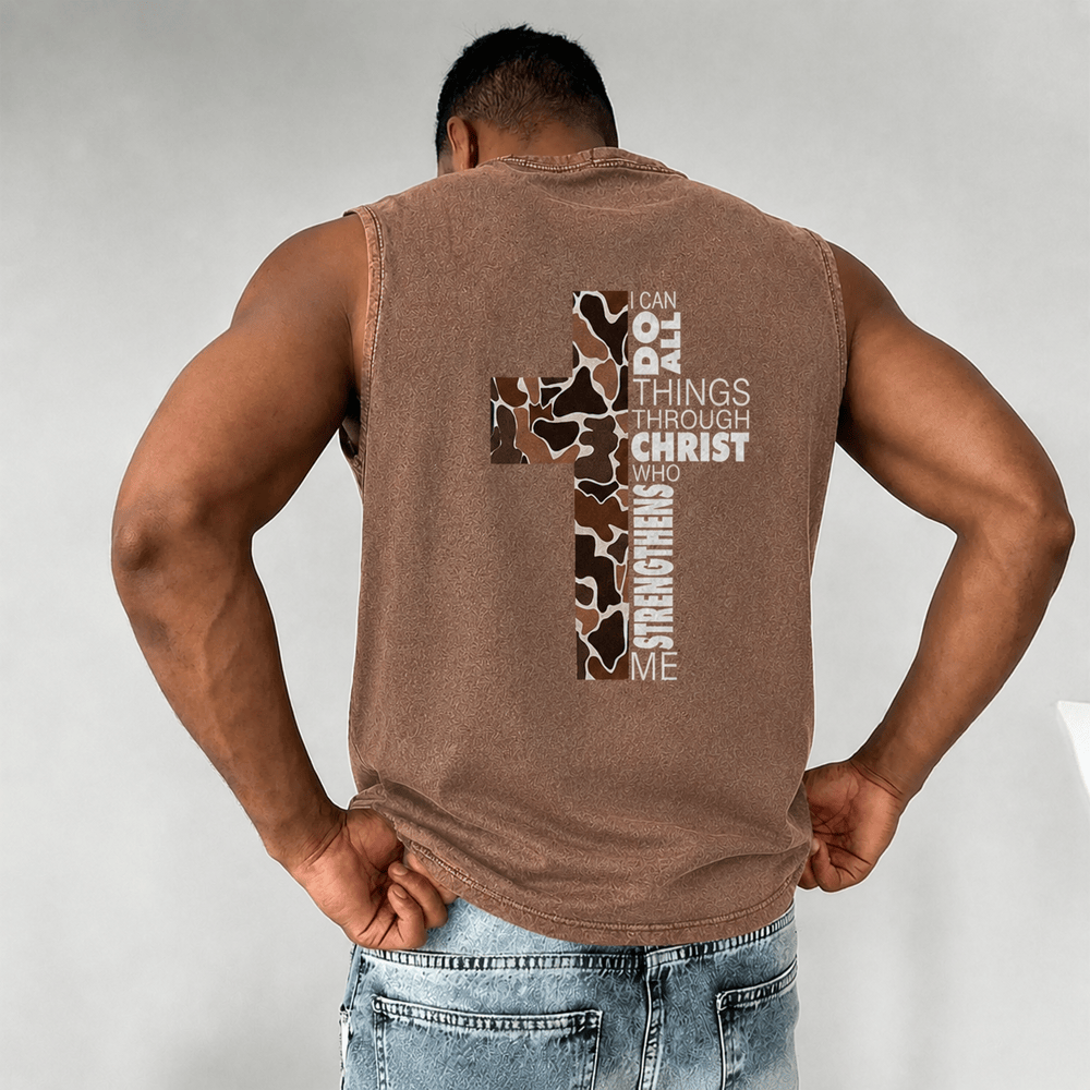 Christianartworkshop I Can Do All Things Through Christ Camo Cross Unisex Washed Tank Top - image 0