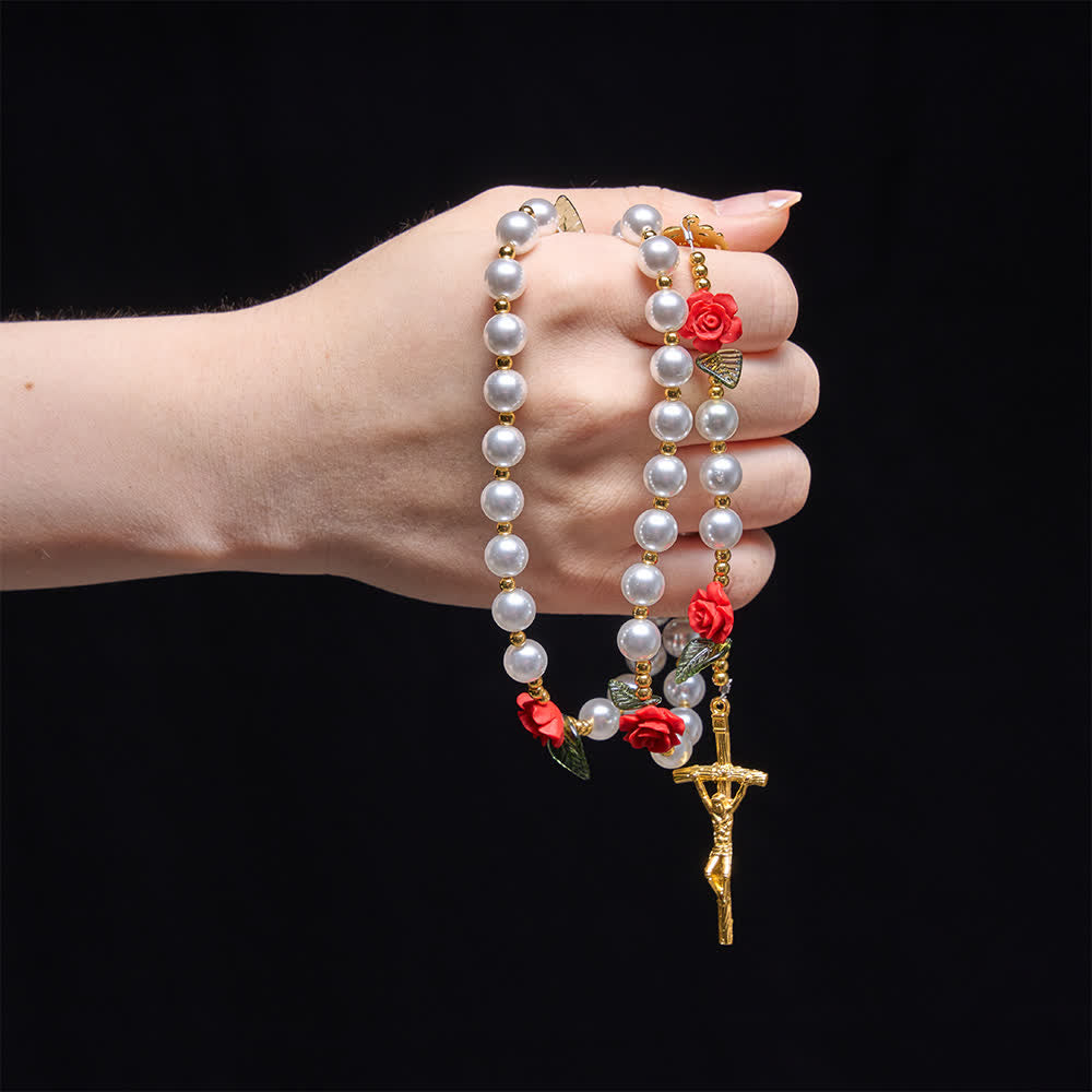 Christianartworkshop Classic Ivory & Red Rose Rosary: Soft Elegant Marian Devotion - image 1