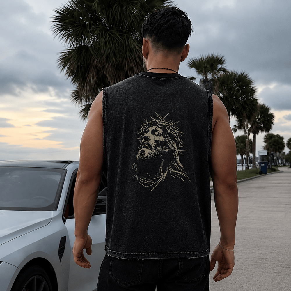 Christianartworkshop Vintage Crown of Thorns Jesus Unisex Washed Tank Top - image 0