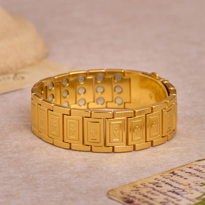 Christianartworkshop Watch-Band Style Link Bracelet with Recessed Embossed Cross on Each Rectangular Link - Golden - image 4