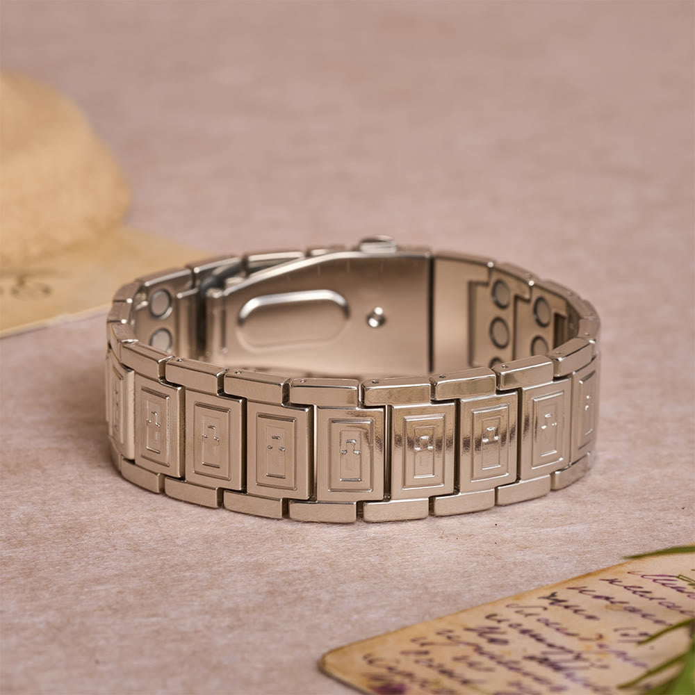 Christianartworkshop Watch-Band Style Link Bracelet with Recessed Embossed Cross on Each Rectangular Link - Silver - image 7