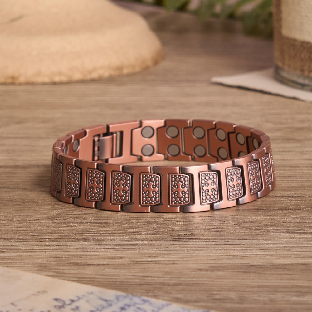 Christianartworkshop Rectangular Solid Link Bracelet with Bubble Bead Framed Cross Engraving & Foldable Adjustable Clasp - Bronze - image 0