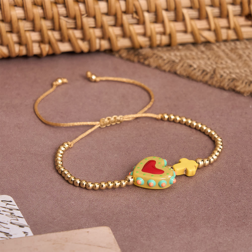 Christianartworkshop Cartoon Style Hand-Decorated Sacred Heart & Tiny Cross Accent Gold Bead Adjustable Cord Bracelet - image 5