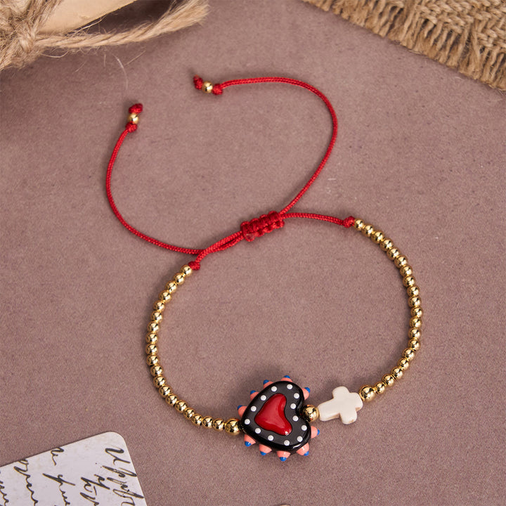 Christianartworkshop Cartoon Style Hand-Decorated Sacred Heart & Tiny Cross Accent Gold Bead Adjustable Cord Bracelet - A - image 2