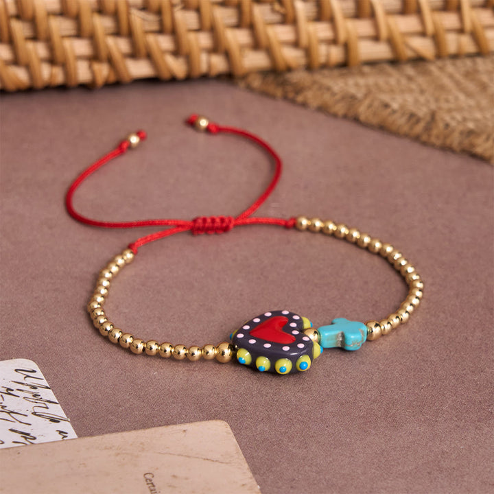 Christianartworkshop Cartoon Style Hand-Decorated Sacred Heart & Tiny Cross Accent Gold Bead Adjustable Cord Bracelet - image 7