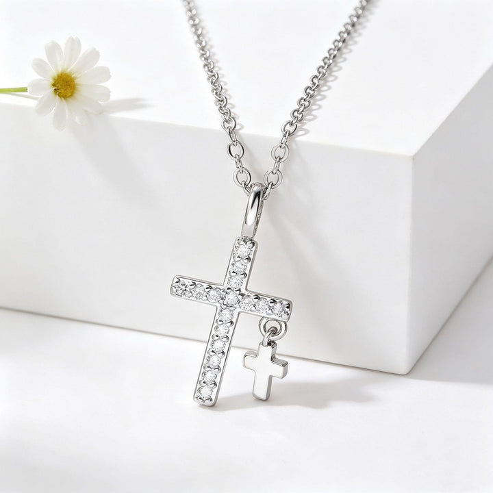 Christianartworkshop Pave Zircon Inlaid Large Cross Pendant with Solid Mini Dangling Cross & Classic Cable Chain Necklace - Silver - image 3