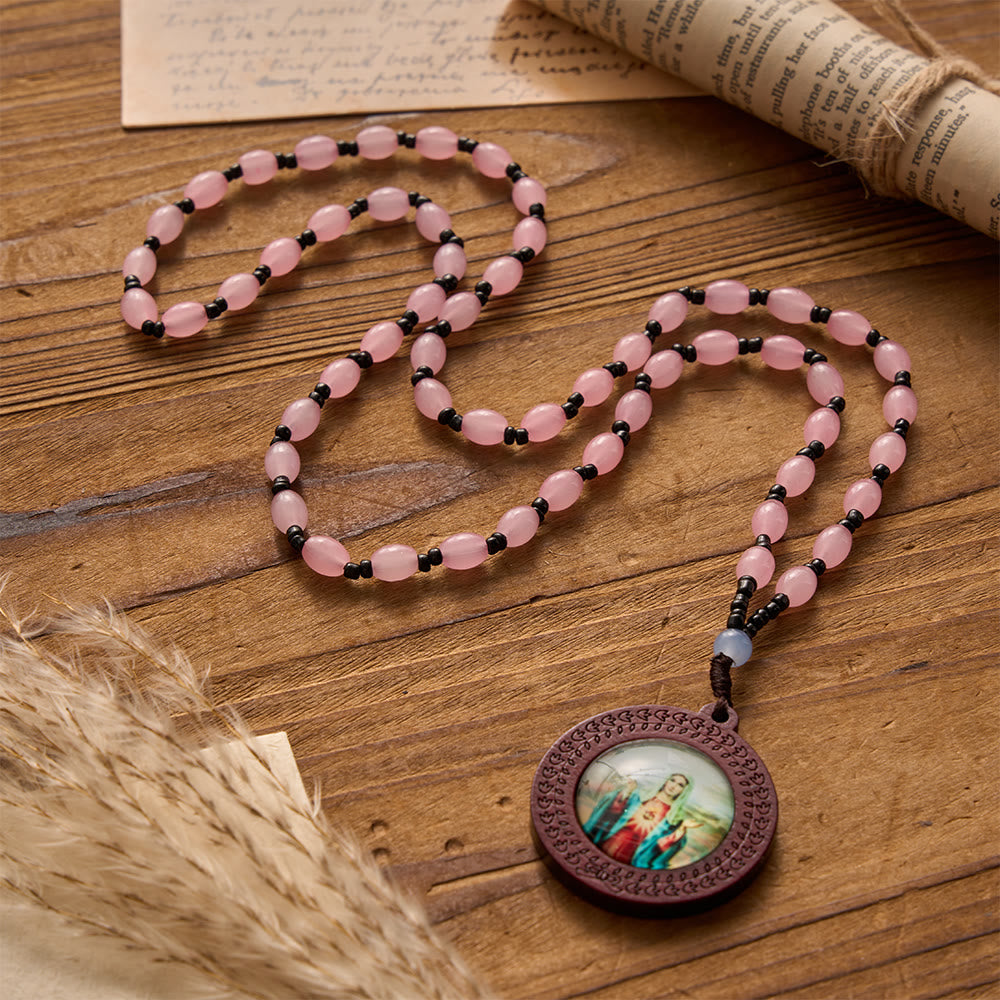 Christianartworkshop Carved Border Wood Frame Our Lady Printed Portrait Pendant Irregular Gem Bead Cord Necklace - Pink A - image 1