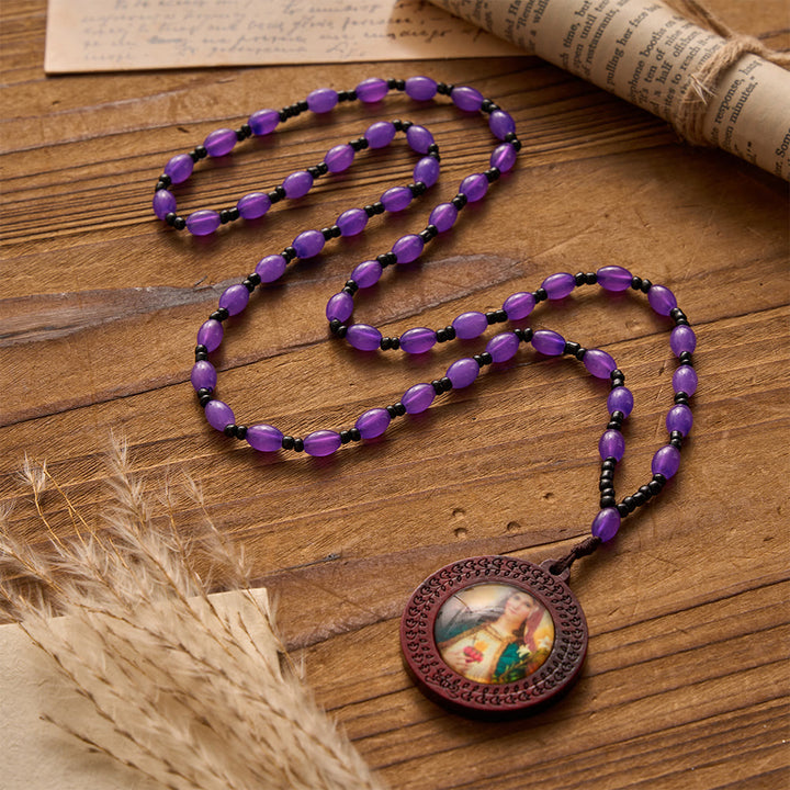 Christianartworkshop Carved Border Wood Frame Our Lady Printed Portrait Pendant Irregular Gem Bead Cord Necklace - Purple - image 3