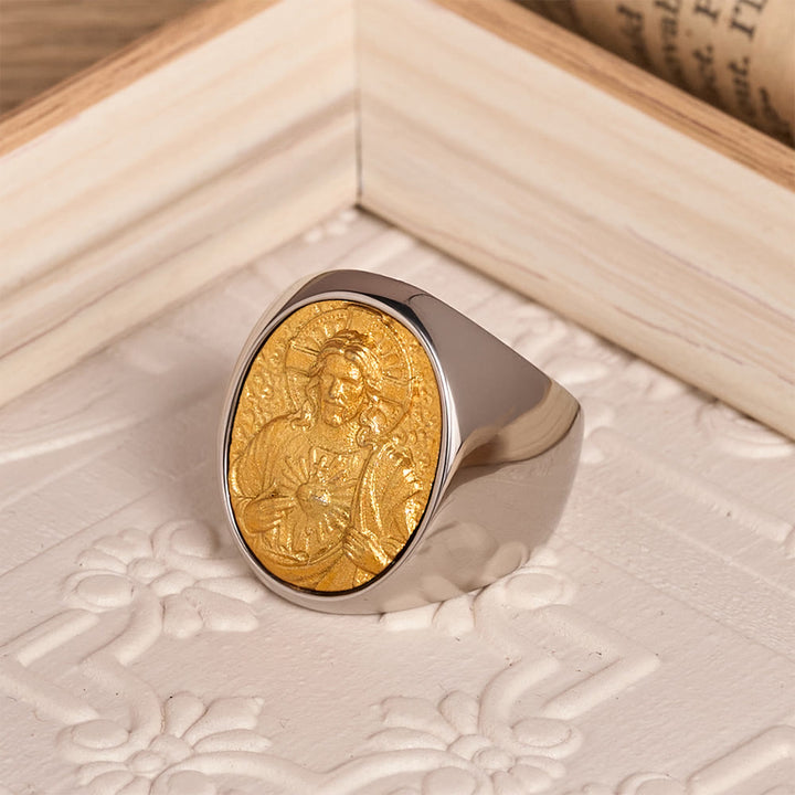 Christianartworkshop Two-Tone Bezel Oval Embossed Sacred Portrait Signet Ring: A Symbol of Gentle Heavenly Grace & Blessed Safeguard - image 27