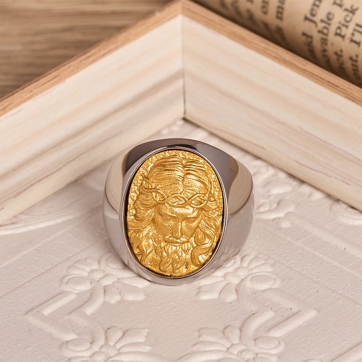 Christianartworkshop Two-Tone Bezel Oval Embossed Sacred Portrait Signet Ring: A Symbol of Gentle Heavenly Grace & Blessed Safeguard - D - US 13 - image 10