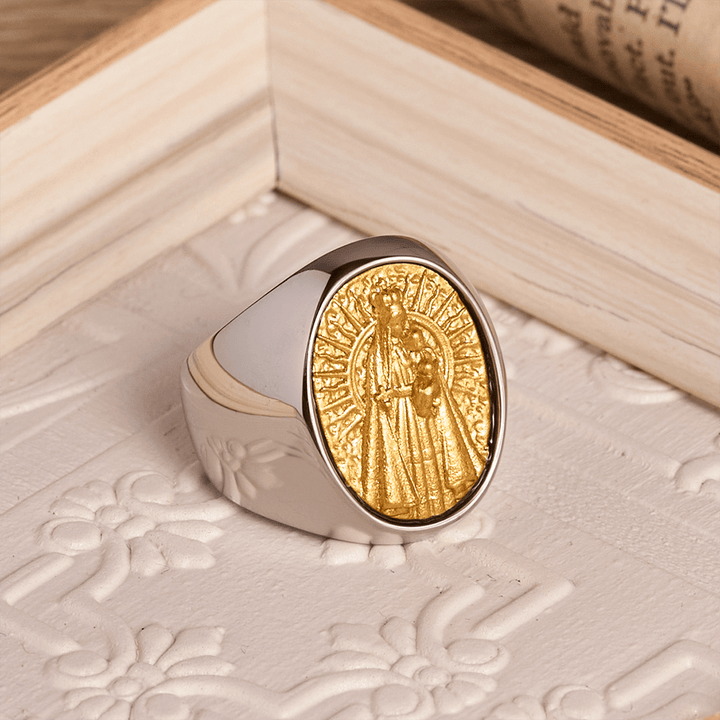 Christianartworkshop Two-Tone Bezel Oval Embossed Sacred Portrait Signet Ring: A Symbol of Gentle Heavenly Grace & Blessed Safeguard - image 2