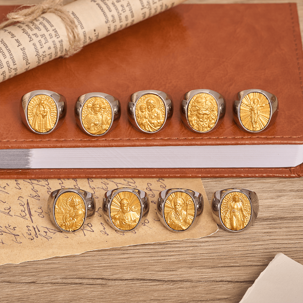 Christianartworkshop Two-Tone Bezel Oval Embossed Sacred Portrait Signet Ring: A Symbol of Gentle Heavenly Grace & Blessed Safeguard - image 0