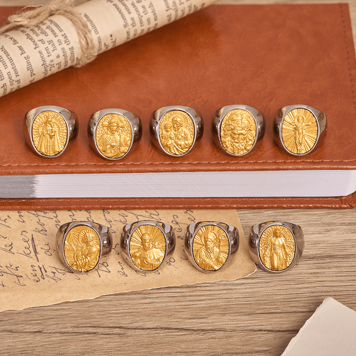 Christianartworkshop Two-Tone Bezel Oval Embossed Sacred Portrait Signet Ring: A Symbol of Gentle Heavenly Grace & Blessed Safeguard - image 0