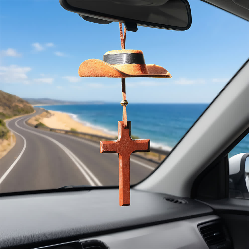Christianartworkshop Cowboy Hat & Cross Car Pendant: Steadfast Faith for the Open Road - Wood Cross - Brown - With Bead - image 10