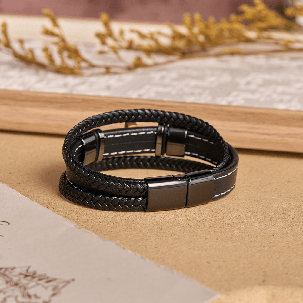 Christianartworkshop Dual-Cord Braided Stitched Leather Bracelet with Polished Stone Cross & Dual Metal Side Bead Details - image 3