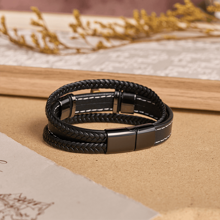 Christianartworkshop Dual-Cord Braided Stitched Leather Bracelet with Polished Stone Cross & Dual Metal Side Bead Details - image 3