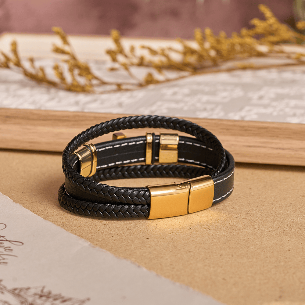 Christianartworkshop Dual-Cord Braided Stitched Leather Bracelet with Polished Stone Cross & Dual Metal Side Bead Details - image 9