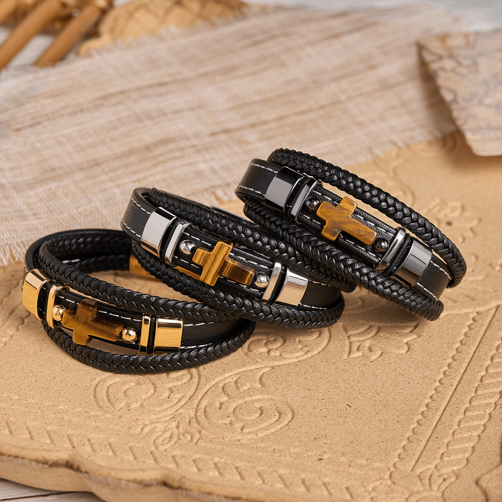 Christianartworkshop Dual-Cord Braided Stitched Leather Bracelet with Polished Stone Cross & Dual Metal Side Bead Details - image 0