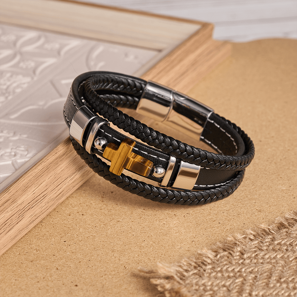 Christianartworkshop Dual-Cord Braided Stitched Leather Bracelet with Polished Stone Cross & Dual Metal Side Bead Details - image 5