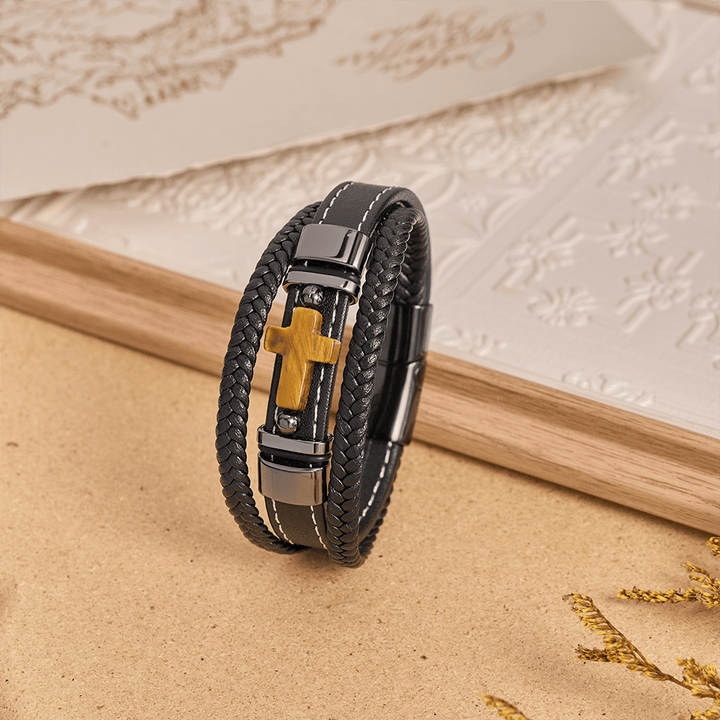 Christianartworkshop Dual-Cord Braided Stitched Leather Bracelet with Polished Stone Cross & Dual Metal Side Bead Details - Black - 23cm - image 1