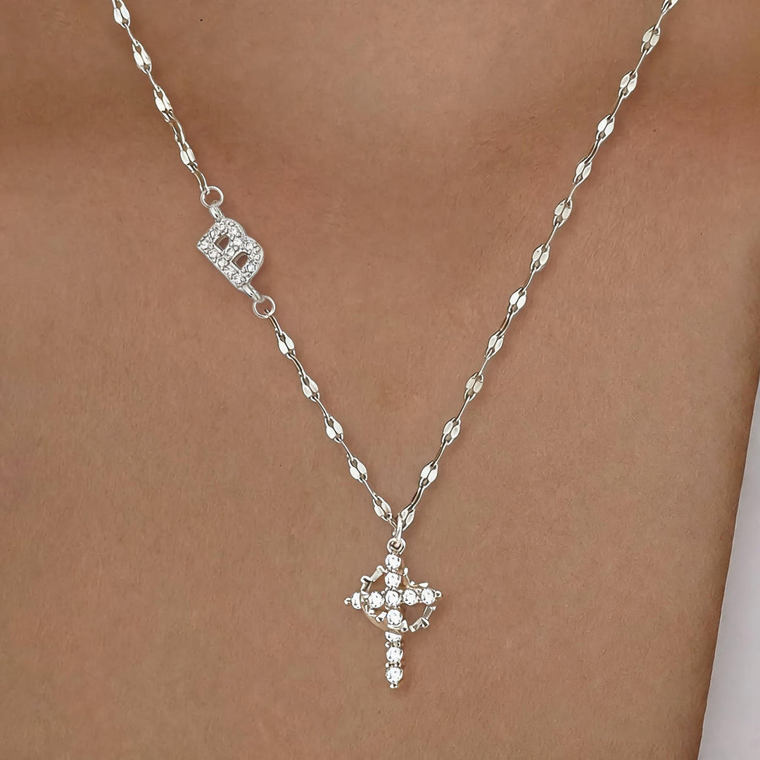 Christianartworkshop Golden & Silver-Tone Personalized A-Z Initial Crown Cross Necklace: Custom Sacred Faith Monogram Pendant Jewelry - B - Silver - image 30