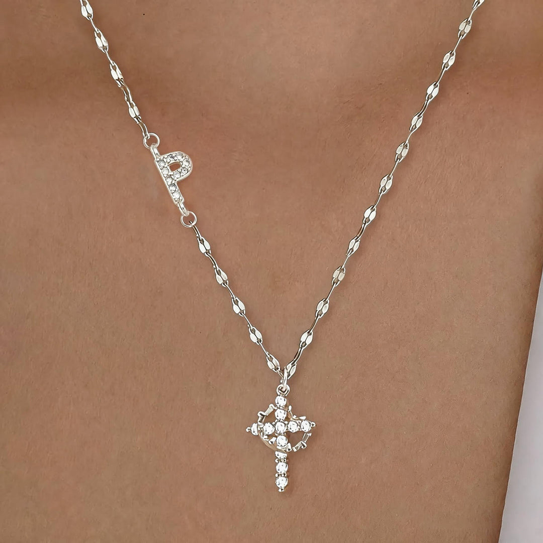Christianartworkshop Golden & Silver-Tone Personalized A-Z Initial Crown Cross Necklace: Custom Sacred Faith Monogram Pendant Jewelry - P - Silver - image 45