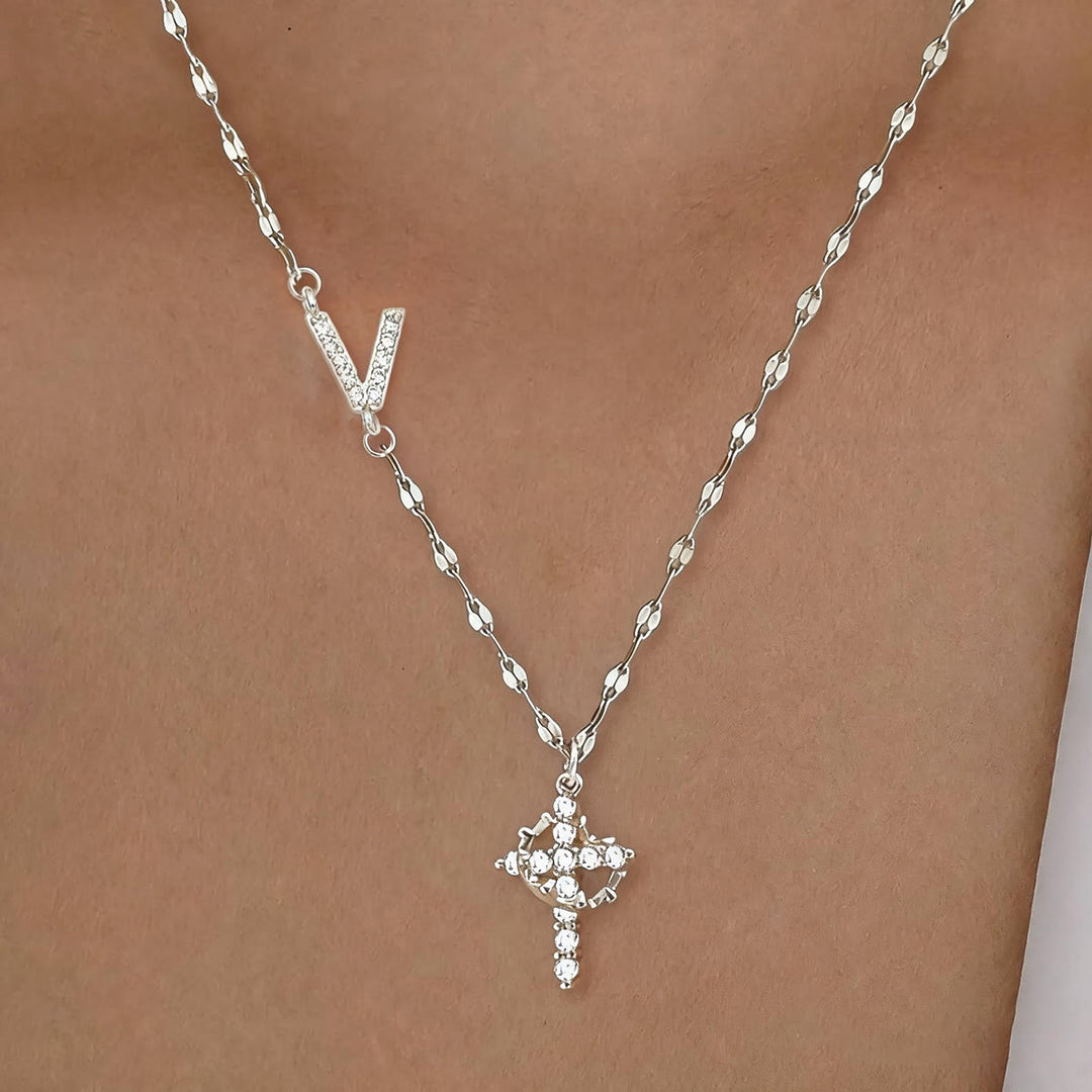 Christianartworkshop Golden & Silver-Tone Personalized A-Z Initial Crown Cross Necklace: Custom Sacred Faith Monogram Pendant Jewelry - V - Silver - image 51