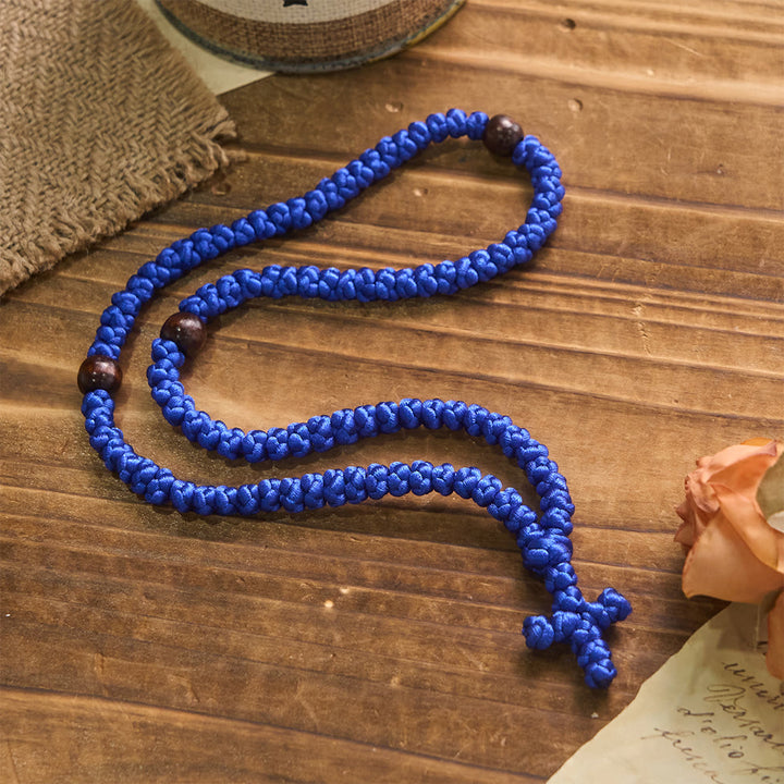 Christianartworkshop Blue & Black Cross 100 Blessing Knots String Necklace: Cherished Symbol of Holy Blessing - Blue - image 0