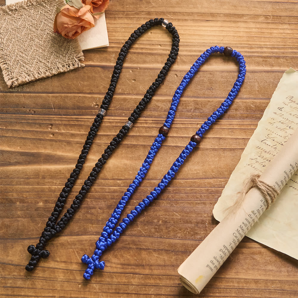 Christianartworkshop Blue & Black Cross 100 Blessing Knots String Necklace: Cherished Symbol of Holy Blessing - image 1