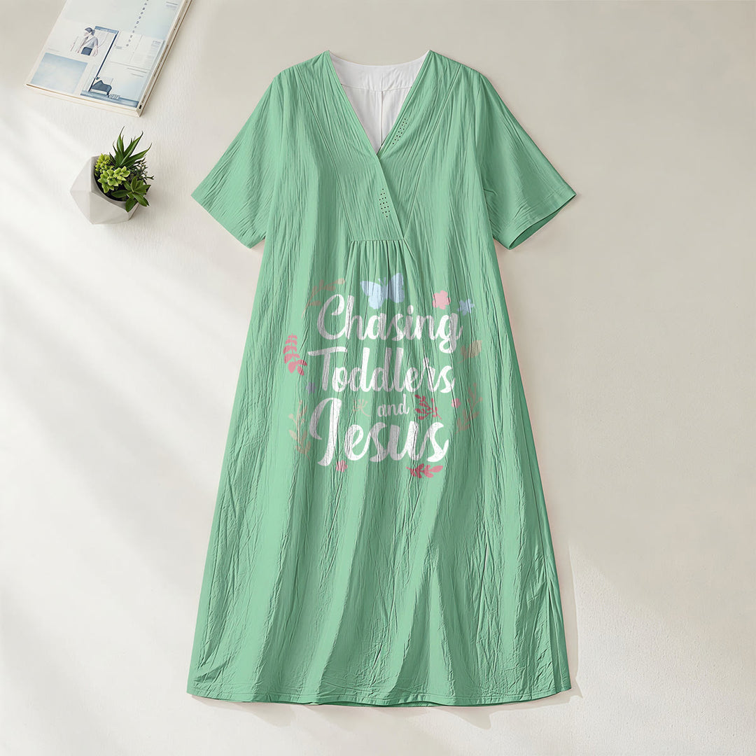 Christianartworkshop "Chasing Toddlers and Jesus" Floral & Butterfly Print V-Neck Short Sleeve Midi Dress - Green - 4XL - image 2